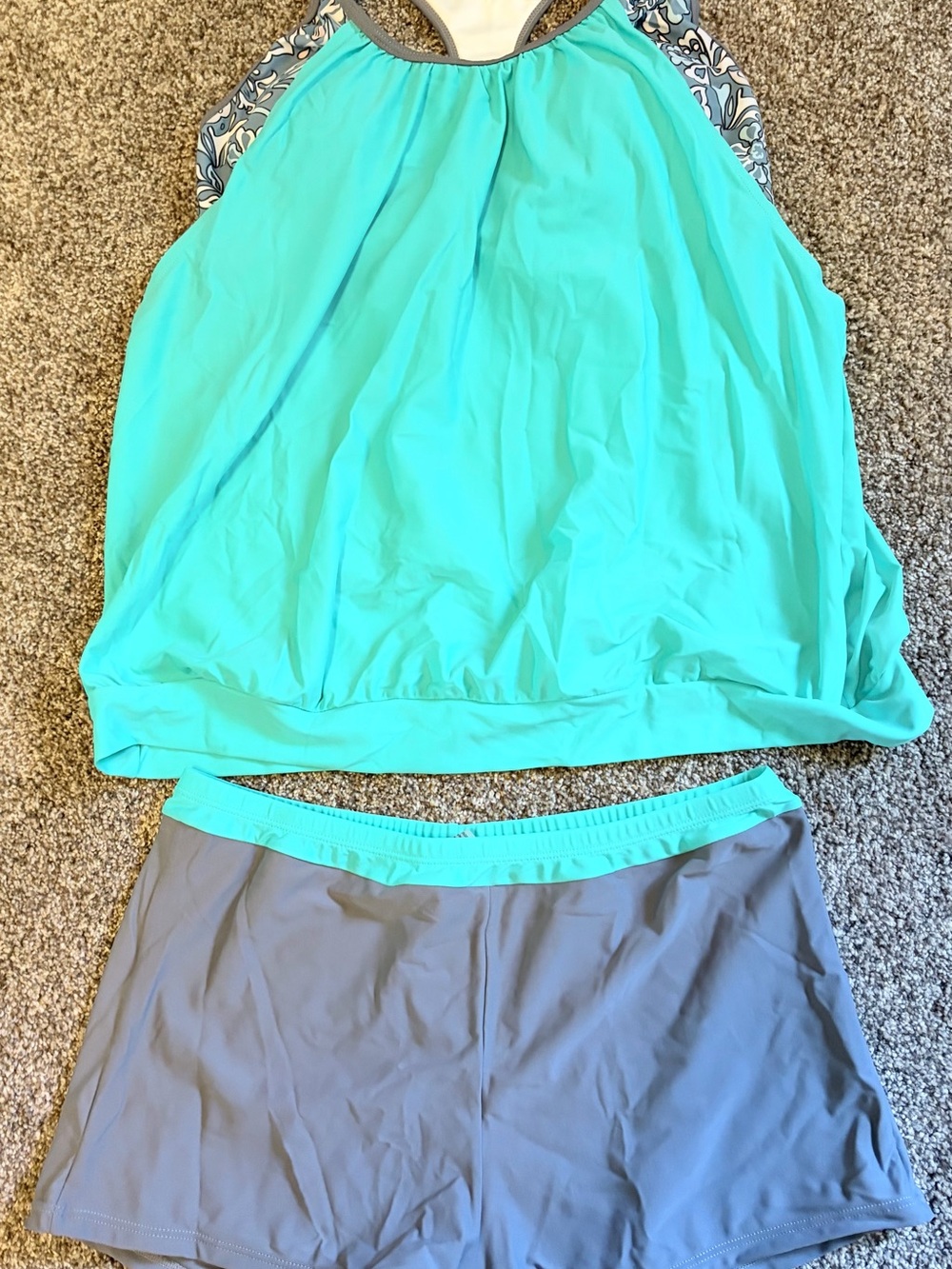NWT, Aqua and Gray Two-Piece Swim Set - Tankini Top & Swim Shorts, Size XL